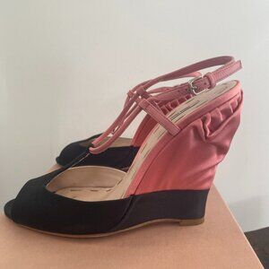 Miu Miu Pink & Black Satin Peep-Toed Wedges Sz 37